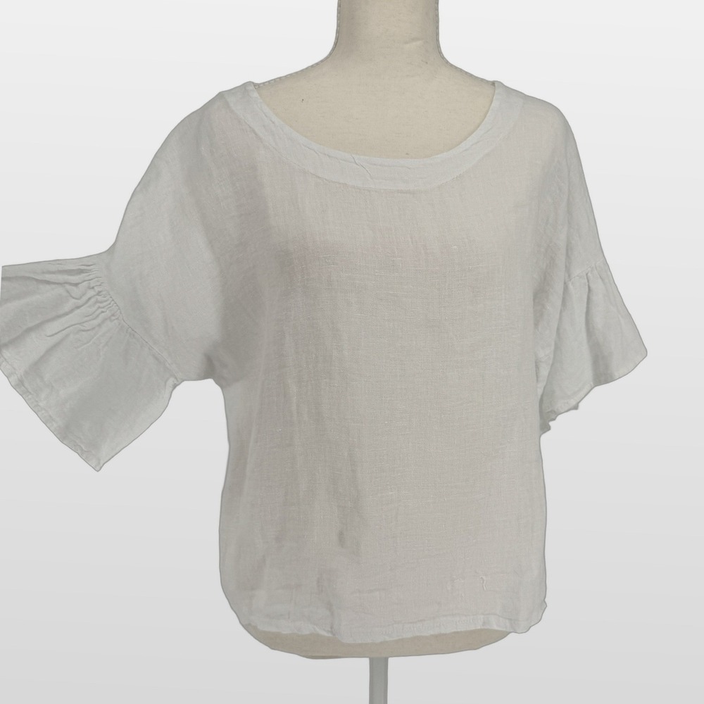 Viola Borghi 100% Linen Blouse M White Ruffle Sleeve Coastal Boho Made‎ In Italy